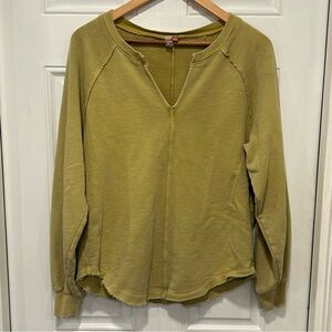 Anthropologie Pilcro Chartreuse Yellow Notch Neck Sweatshirt Distressed Small
